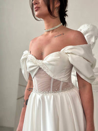 Hand Embroidered Satin Corset Dress | Pleated Lace-Up Back Formal Gown | Elegant Evening Wear