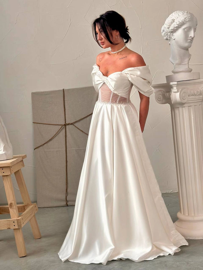 Hand Embroidered Satin Corset Dress | Pleated Lace-Up Back Formal Gown | Elegant Evening Wear