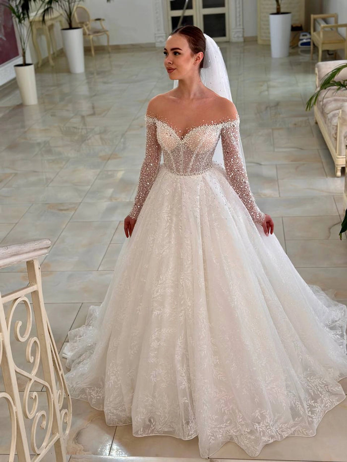 Beaded Lace Wedding Dress | Glitter Bridal Gown | Sparkly Elegant Wedding Attire