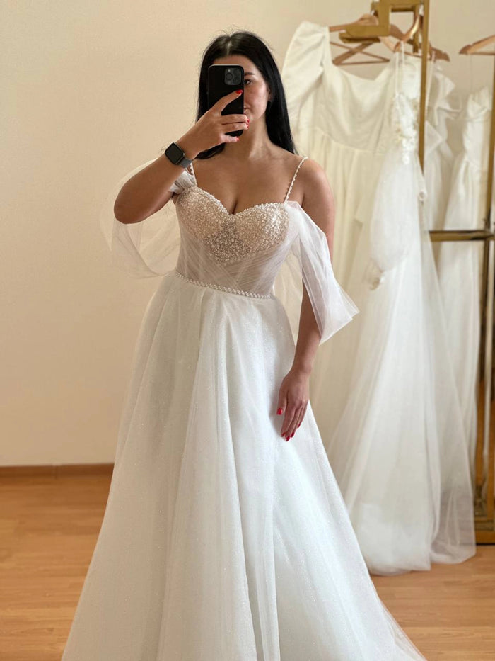 A-Line Off Shoulder Wedding Dress | Beaded Corset Bridal Gown | Elegant & Affordable