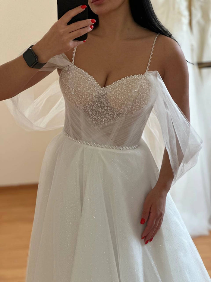 A-Line Off Shoulder Wedding Dress | Beaded Corset Bridal Gown | Elegant & Affordable