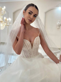 Elegant Ivory Satin Bridal Dress | Deep V Corset Silk Gown with Slit | Simple Yet Stunning Wedding Attire