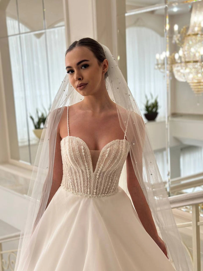Elegant Ivory Satin Bridal Dress | Deep V Corset Silk Gown with Slit | Simple Yet Stunning Wedding Attire