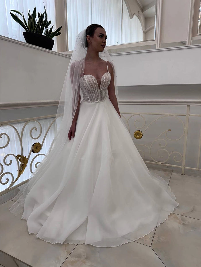 Elegant Ivory Satin Bridal Dress | Deep V Corset Silk Gown with Slit | Simple Yet Stunning Wedding Attire