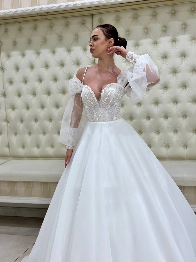 Pearl Sweetheart Corset Wedding Dress | Sparkly Tulle Maxi Gown | Detachable Sleeves | Affordable Bridal Dress