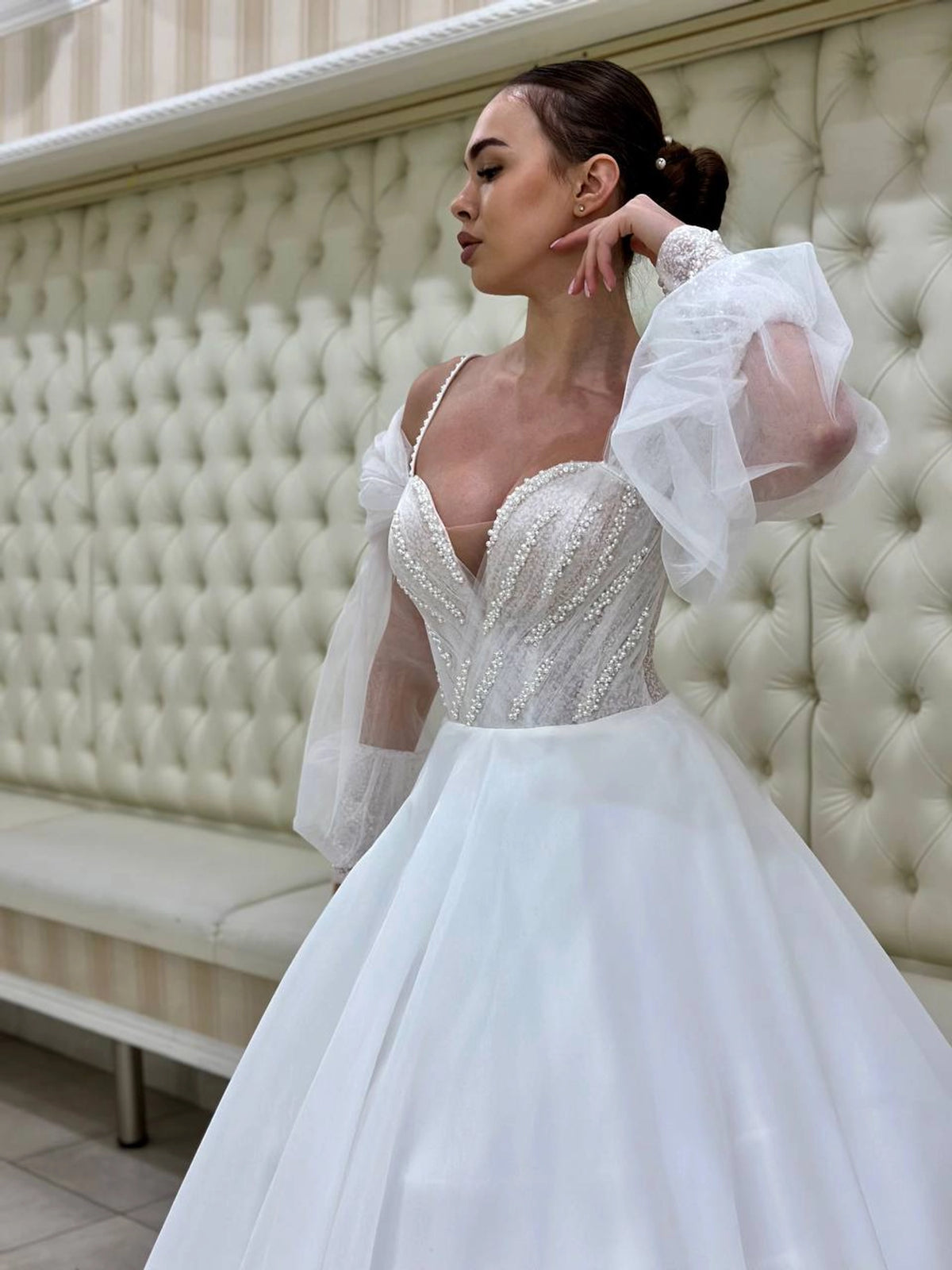 Pearl Sweetheart Corset Wedding Dress | Sparkly Tulle Maxi Gown | Detachable Sleeves | Affordable Bridal Dress