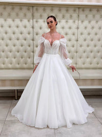 Pearl Sweetheart Corset Wedding Dress | Sparkly Tulle Maxi Gown | Detachable Sleeves | Affordable Bridal Dress