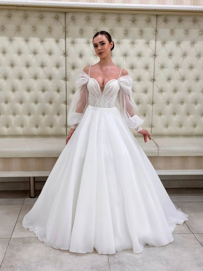 Pearl Sweetheart Corset Wedding Dress | Sparkly Tulle Maxi Gown | Detachable Sleeves | Affordable Bridal Dress