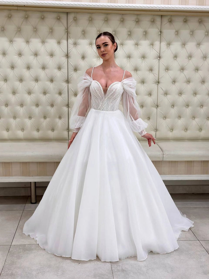 Pearl Sweetheart Corset Wedding Dress | Sparkly Tulle Maxi Gown | Detachable Sleeves | Affordable Bridal Dress