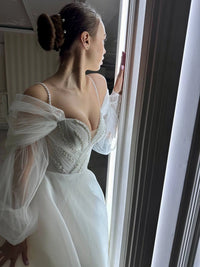 Pearl Sweetheart Corset Wedding Dress | Sparkly Tulle Maxi Gown | Detachable Sleeves | Affordable Bridal Dress