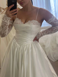 Luxury Satin and Lace Wedding Dress | Corset Gown with Lace-Up Back | Detachable Sleeves & Full Skirt with Train