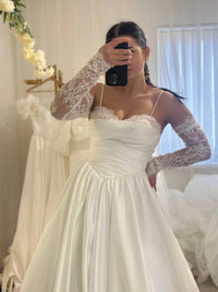 Luxury Satin and Lace Wedding Dress | Corset Gown with Lace-Up Back | Detachable Sleeves & Full Skirt with Train