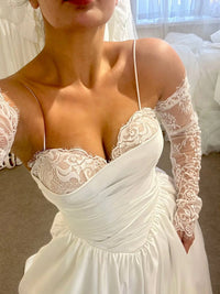 Luxury Satin and Lace Wedding Dress | Corset Gown with Lace-Up Back | Detachable Sleeves & Full Skirt with Train