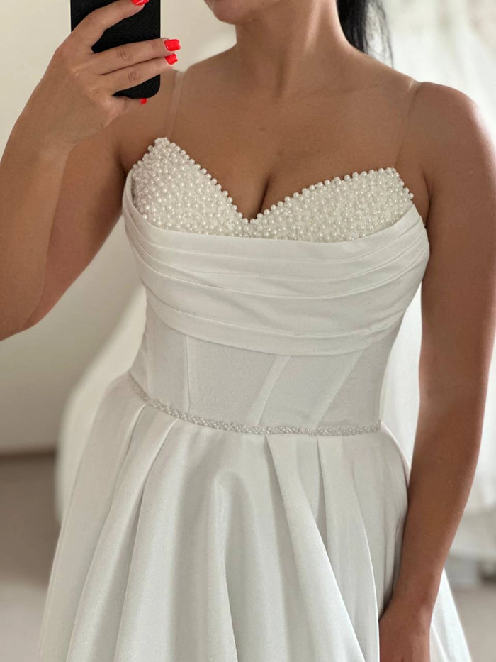 Unique Sleeveless Pearl Embroidered Corset Bridal Dress | Long Satin Beaded Beach Wedding Gown | Gorgeous Flowy Alternative Dress