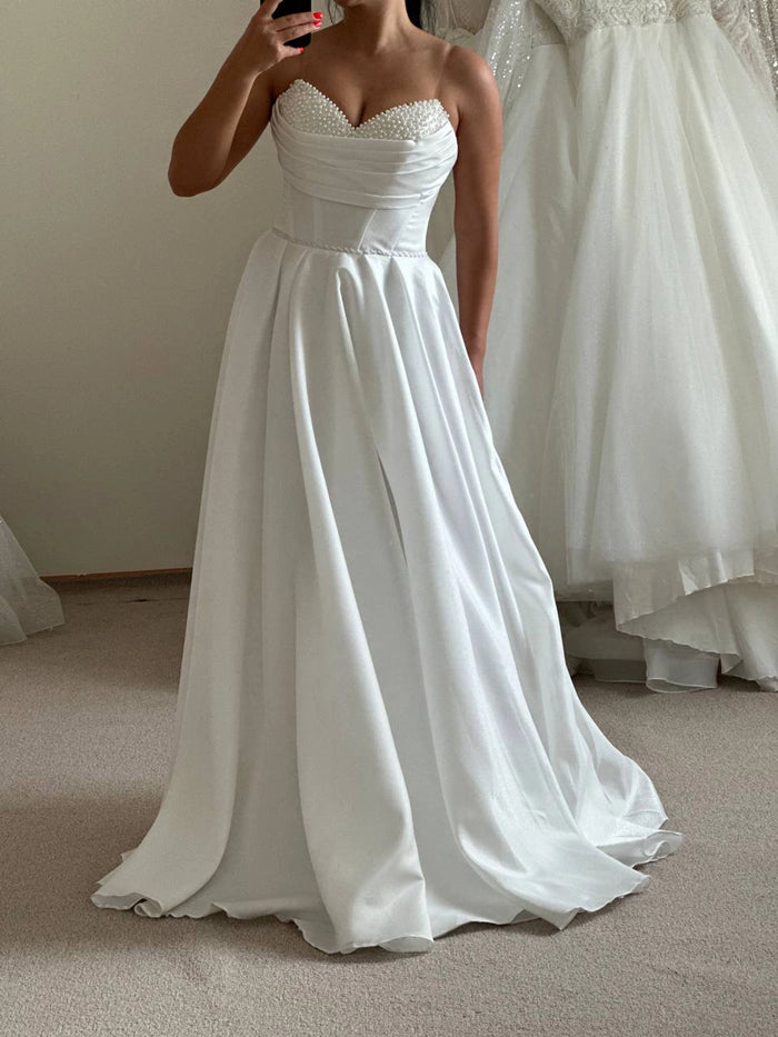 Unique Sleeveless Pearl Embroidered Corset Bridal Dress | Long Satin Beaded Beach Wedding Gown | Gorgeous Flowy Alternative Dress