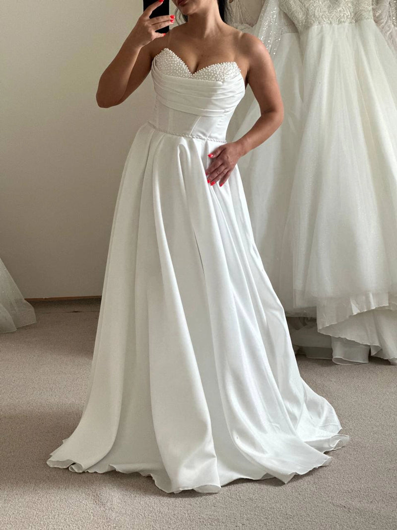 Unique Sleeveless Pearl Embroidered Corset Bridal Dress | Long Satin Beaded Beach Wedding Gown | Gorgeous Flowy Alternative Dress