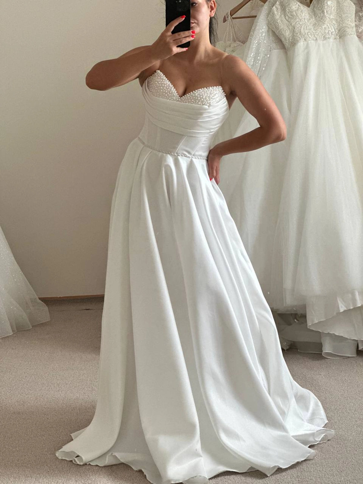 Unique Sleeveless Pearl Embroidered Corset Bridal Dress | Long Satin Beaded Beach Wedding Gown | Gorgeous Flowy Alternative Dress