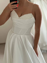 Unique Sleeveless Pearl Embroidered Corset Bridal Dress | Long Satin Beaded Beach Wedding Gown | Gorgeous Flowy Alternative Dress