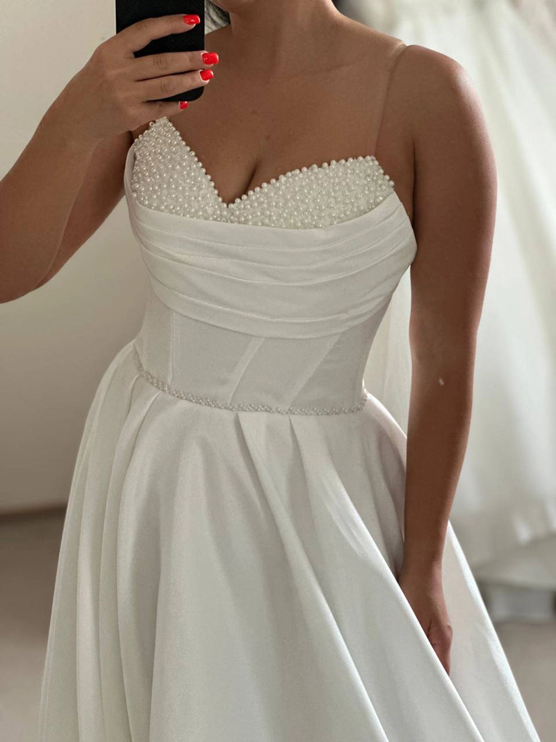 Unique Sleeveless Pearl Embroidered Corset Bridal Dress | Long Satin Beaded Beach Wedding Gown | Gorgeous Flowy Alternative Dress