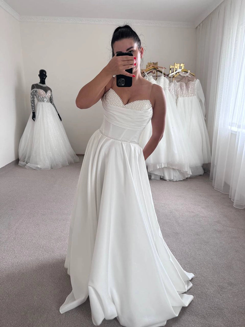 Unique Sleeveless Pearl Embroidered Corset Bridal Dress | Long Satin Beaded Beach Wedding Gown | Gorgeous Flowy Alternative Dress
