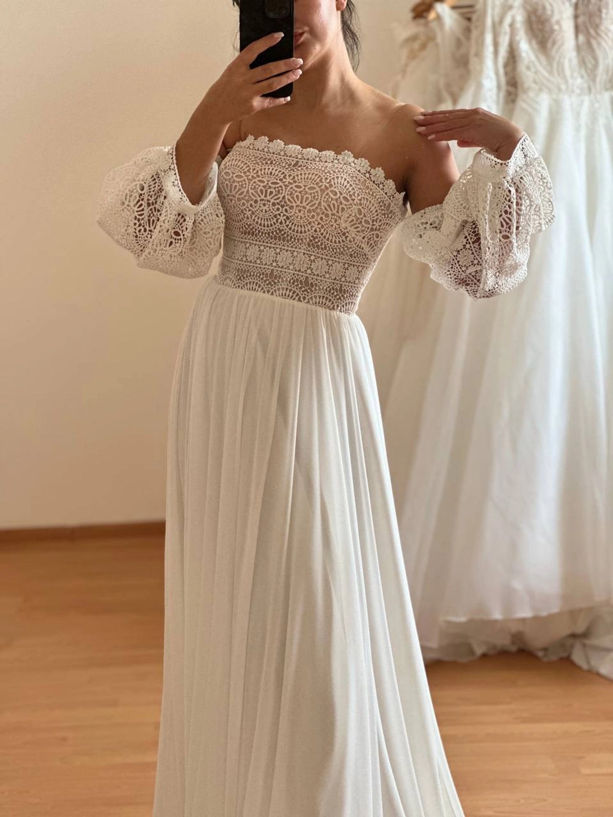 Boho Multichiffon Wedding Dress with Macramé Detail | Minimalist Bridal Gown