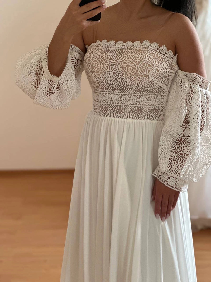Boho Multichiffon Wedding Dress with Macramé Detail | Minimalist Bridal Gown | Unique Bohemian Style