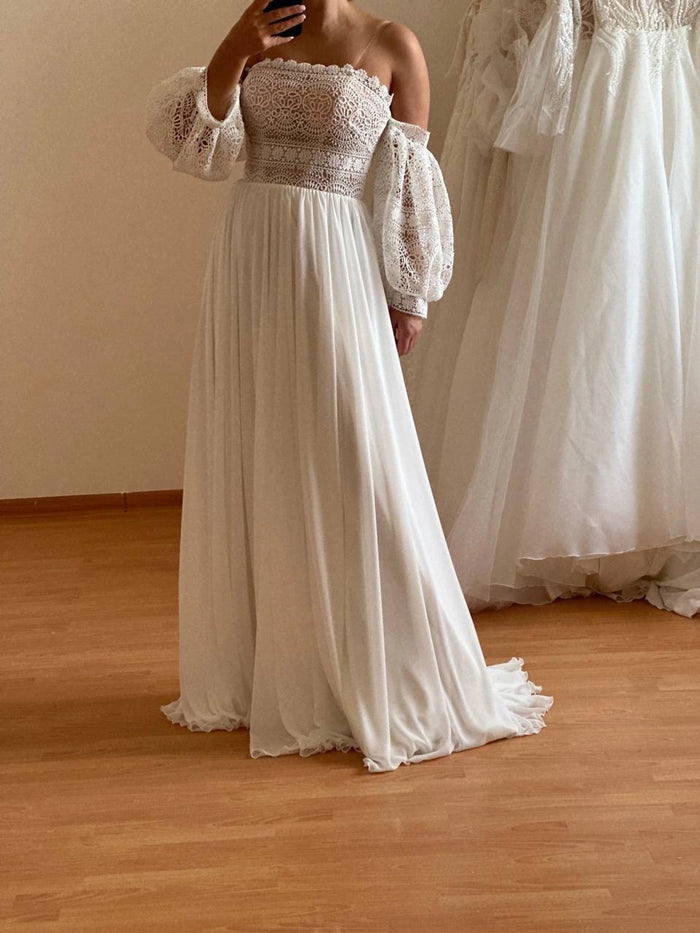 Boho Multichiffon Wedding Dress with Macramé Detail | Minimalist Bridal Gown | Unique Bohemian Style