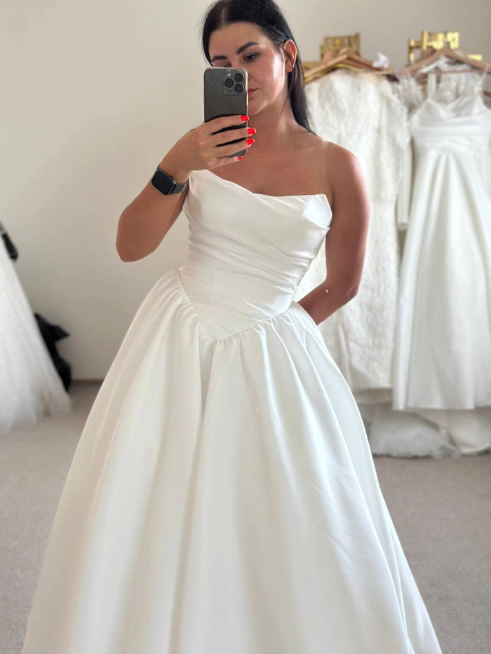 White Satin Off-Shoulder Dress | Long Modest Skirt | Elegant Women's Fashion | Classic Outfit