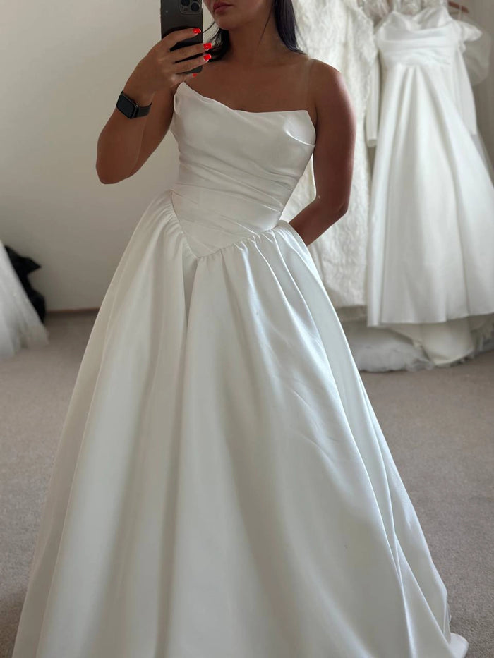 White Satin Off-Shoulder Dress | Long Modest Skirt | Elegant Women's Fashion | Classic Outfit