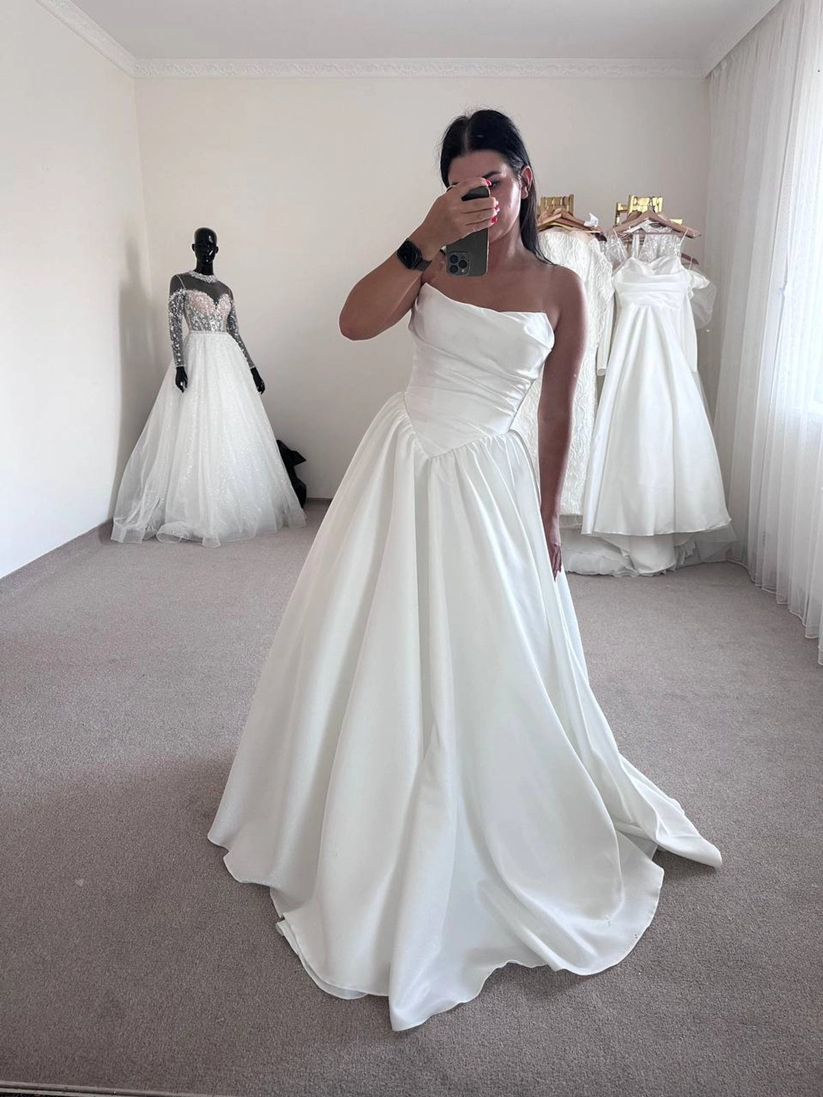 White Satin Off-Shoulder Dress | Long Modest Skirt | Elegant Women's Fashion | Classic Outfit