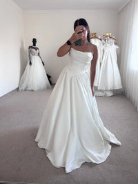 White Satin Off-Shoulder Dress | Long Modest Skirt | Elegant Women's Fashion | Classic Outfit