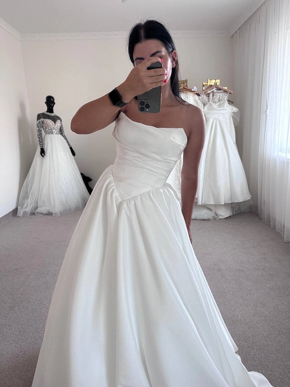 White Satin Off-Shoulder Dress | Long Modest Skirt | Elegant Women's Fashion | Classic Outfit