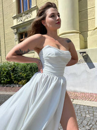 Ivory Beaded Corset Fairy Wedding Dress | Strapless Satin Beach Gown | Draped Slit Maxi Pearl Ballgown