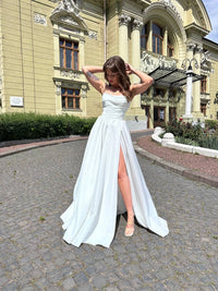 Ivory Beaded Corset Fairy Wedding Dress | Strapless Satin Beach Gown | Draped Slit Maxi Pearl Ballgown