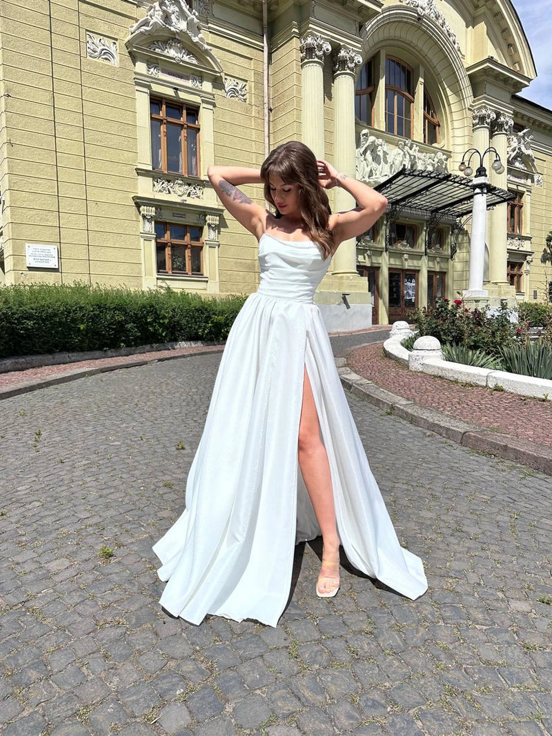 Ivory Beaded Corset Fairy Wedding Dress | Strapless Satin Beach Gown | Draped Slit Maxi Pearl Ballgown