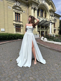 Ivory Beaded Corset Fairy Wedding Dress | Strapless Satin Beach Gown | Draped Slit Maxi Pearl Ballgown