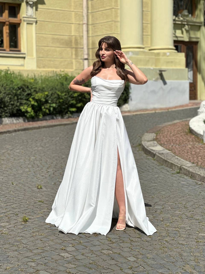 Ivory Beaded Corset Fairy Wedding Dress | Strapless Satin Beach Gown | Draped Slit Maxi Pearl Ballgown
