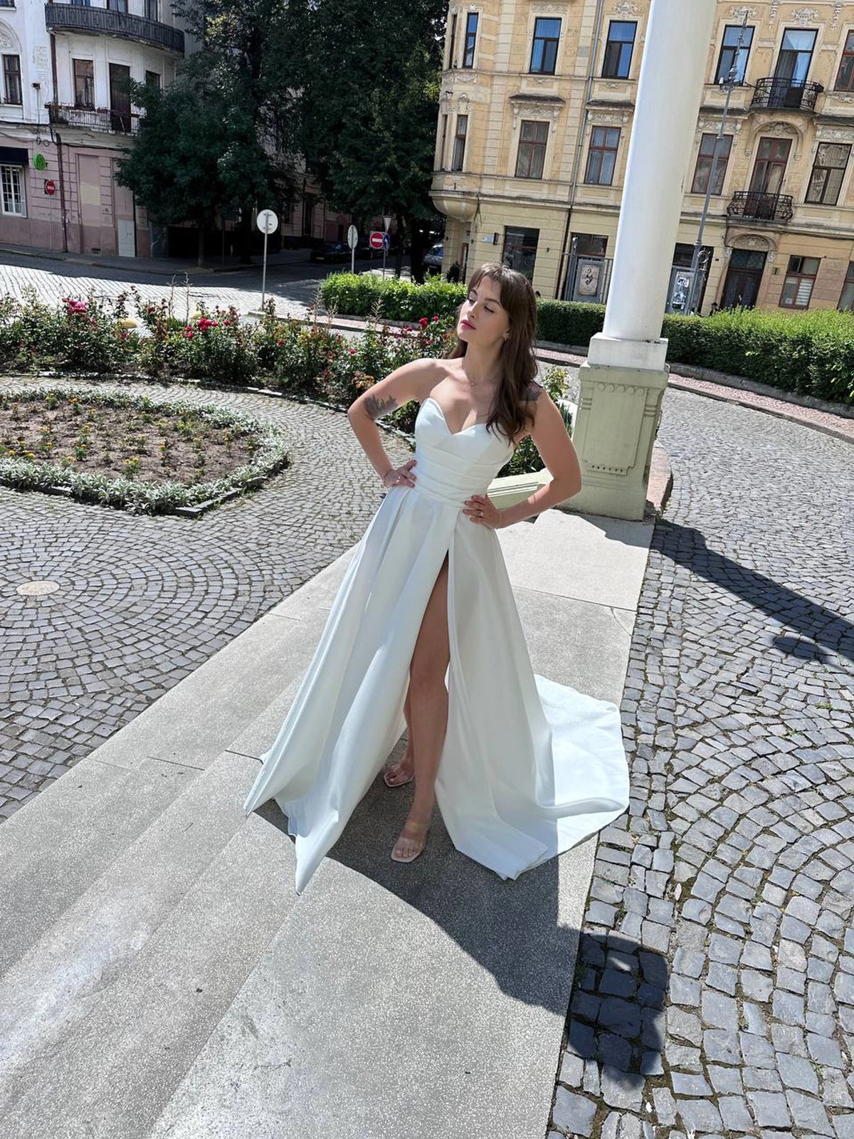 Ivory Beaded Corset Fairy Wedding Dress | Strapless Satin Beach Gown | Draped Slit Maxi Pearl Ballgown