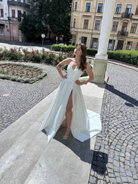 Ivory Beaded Corset Fairy Wedding Dress | Strapless Satin Beach Gown | Draped Slit Maxi Pearl Ballgown