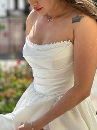 Ivory Beaded Corset Fairy Wedding Dress | Strapless Satin Beach Gown | Draped Slit Maxi Pearl Ballgown