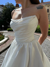Ivory Beaded Corset Fairy Wedding Dress | Strapless Satin Beach Gown | Draped Slit Maxi Pearl Ballgown