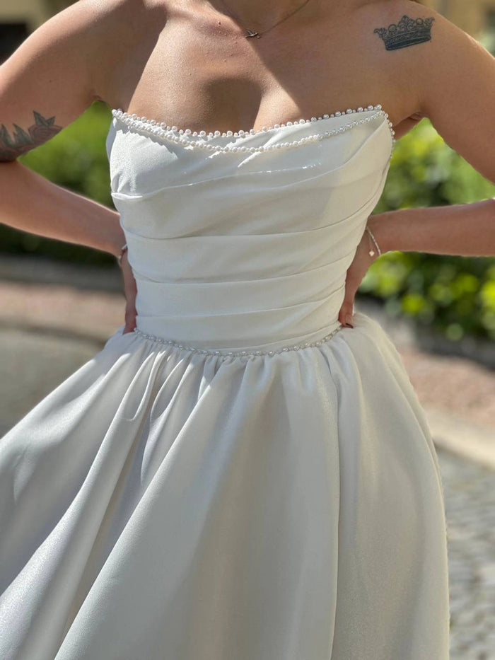 Ivory Beaded Corset Fairy Wedding Dress | Strapless Satin Beach Gown | Draped Slit Maxi Pearl Ballgown