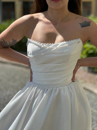 Ivory Beaded Corset Fairy Wedding Dress | Strapless Satin Beach Gown | Draped Slit Maxi Pearl Ballgown