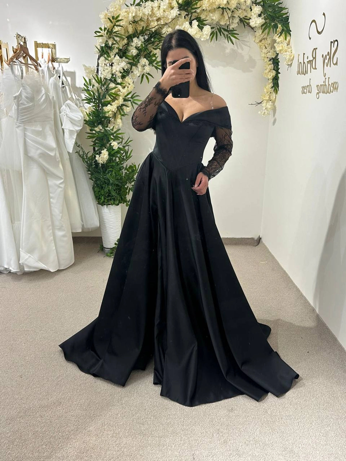 Elegant French Chantilly Lace Wedding Dress | Satin Bridal Gown with Lace Sleeves | Royal Long Sleeve Gown