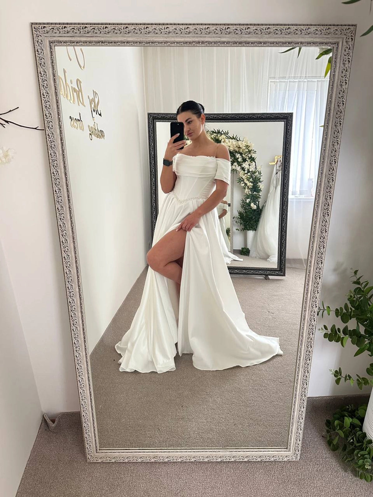 Royal Satin Dress with Embroidered Corset | Slit Skirt with Pockets | Bridal or Evening Gown