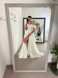 Royal Satin Dress with Embroidered Corset | Slit Skirt with Pockets | Bridal or Evening Gown