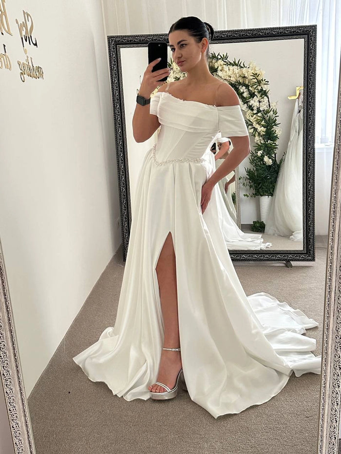 Royal Satin Dress with Embroidered Corset | Slit Skirt with Pockets | Bridal or Evening Gown