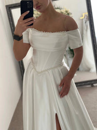 Royal Satin Dress with Embroidered Corset | Slit Skirt with Pockets | Bridal or Evening Gown