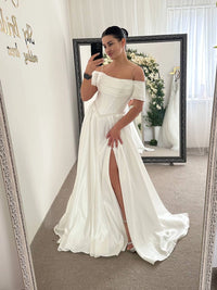 Royal Satin Dress with Embroidered Corset | Slit Skirt with Pockets | Bridal or Evening Gown