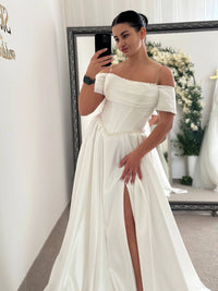 Royal Satin Dress with Embroidered Corset | Slit Skirt with Pockets | Bridal or Evening Gown